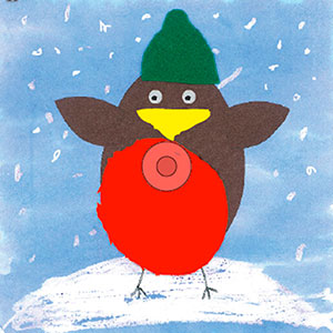 Dancing Robin wearing a green hat in the snow - Art - Christmas Cards - Creation Art Cards