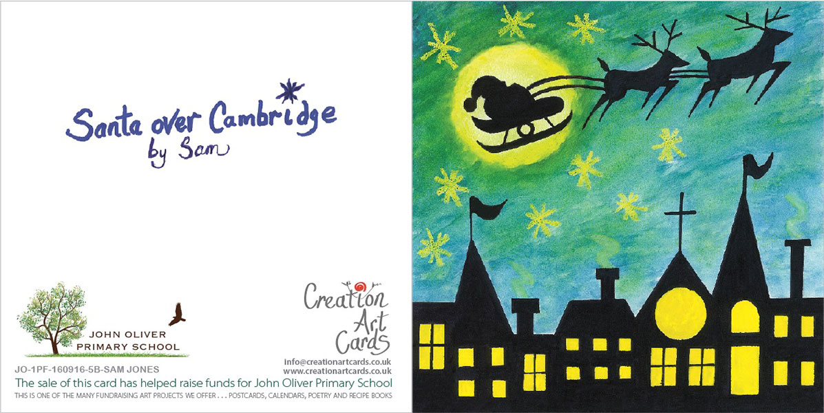 Santa & Reindeer Over Cambridge in Moonlight - School Christmas Card Project