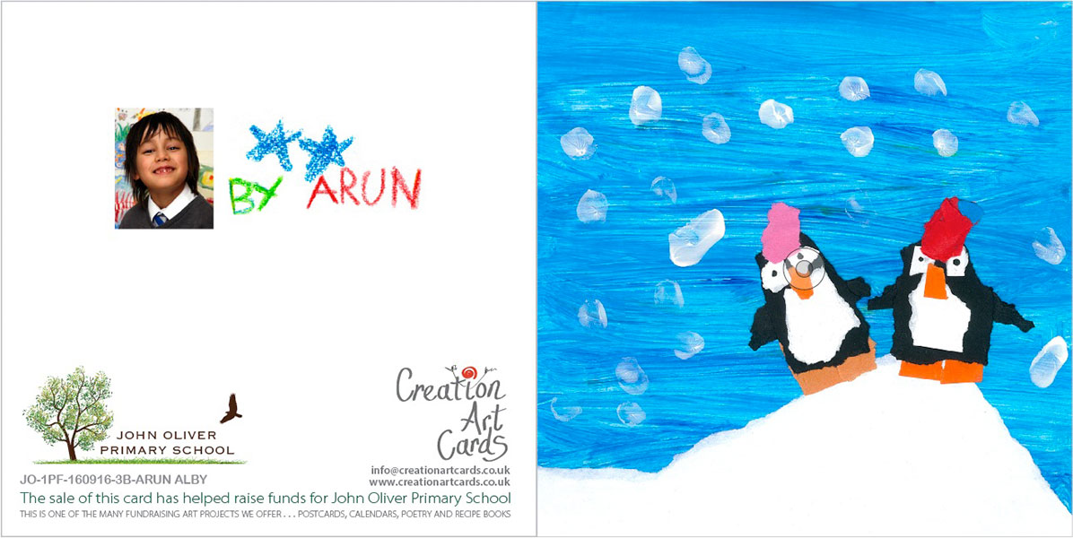 Penguins on a Snowy Mountain - Card front and back - Fundraising School Christmas Cards